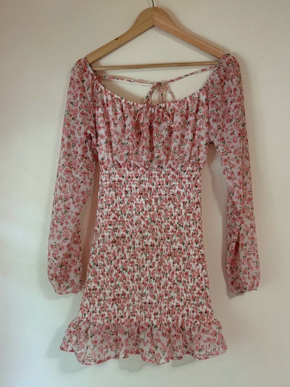 Pink Floral Smocked Ruffle Hem Mini Dress Size M